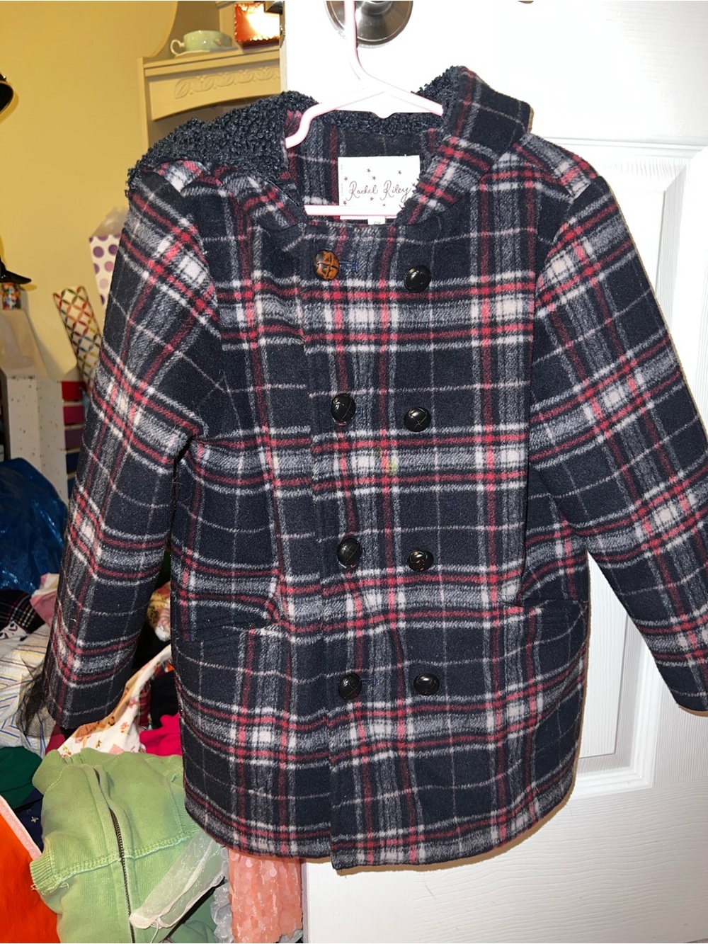 Rachel Riley Navy Plaid wool blend Double-Breasted Peacoat with Red Accents